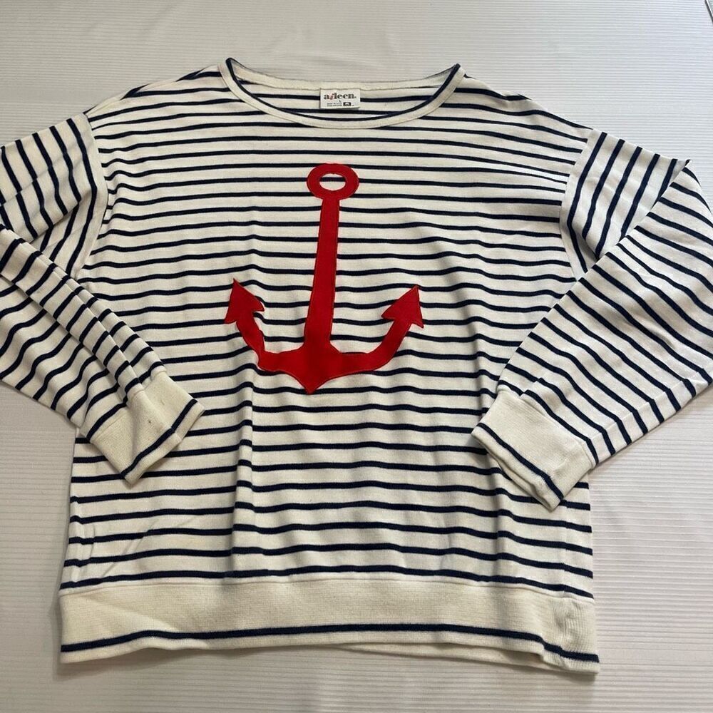 Aileen Vintage Anchor Stripe Nautical Long Sleeve Shirt Size Large